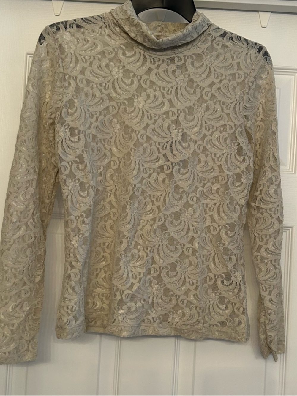Nicole Miller Champagne Sheer Lace Long-Sleeve Mock Neck Top Size S 🆕